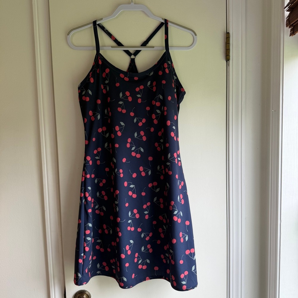 Outdoor Voices Navy Cherry Print Exercise Dress Large Racerback Activewear